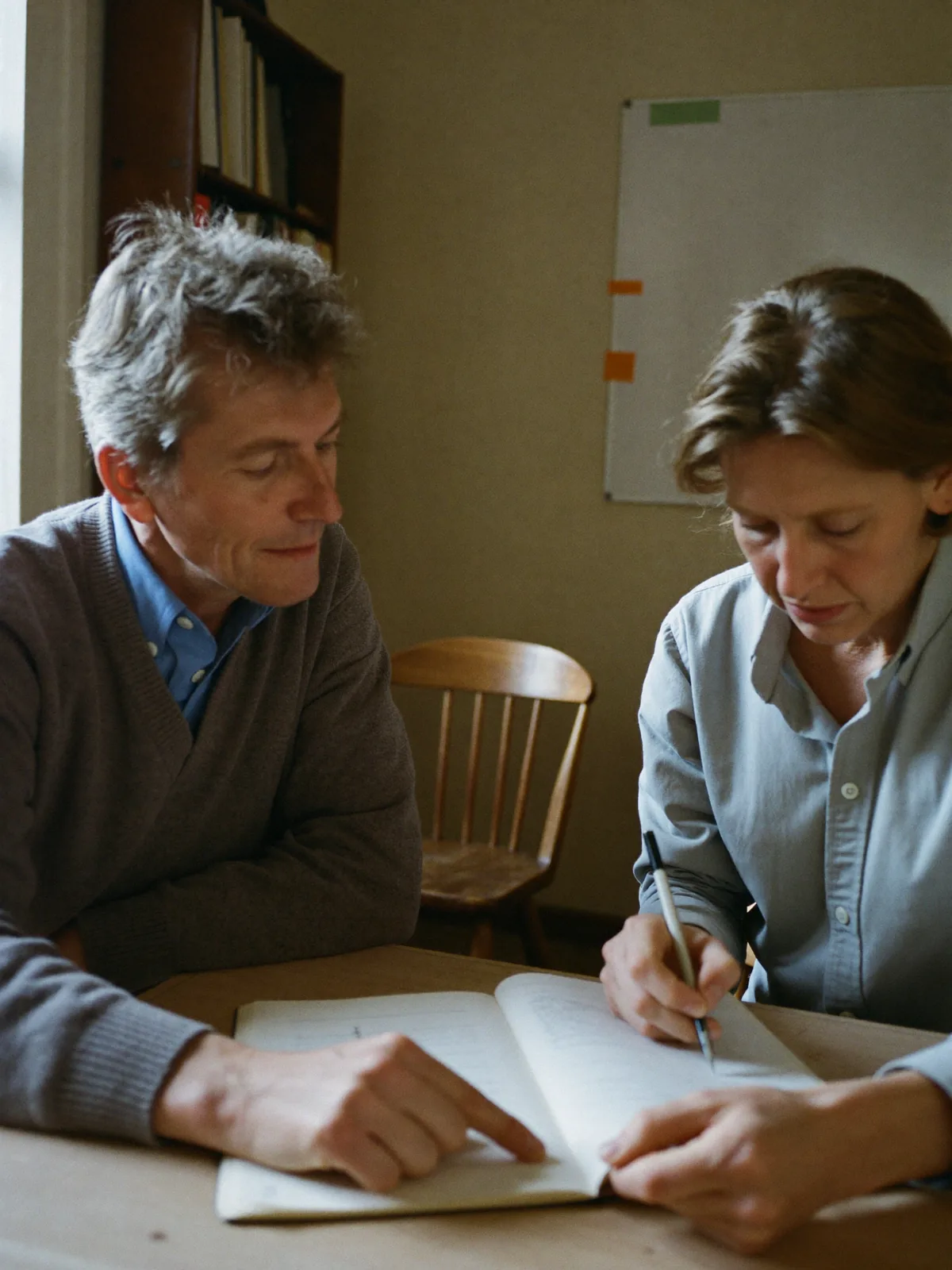Two adults sitting at a table reviewing study material together, one pointing at the page while the other writes.